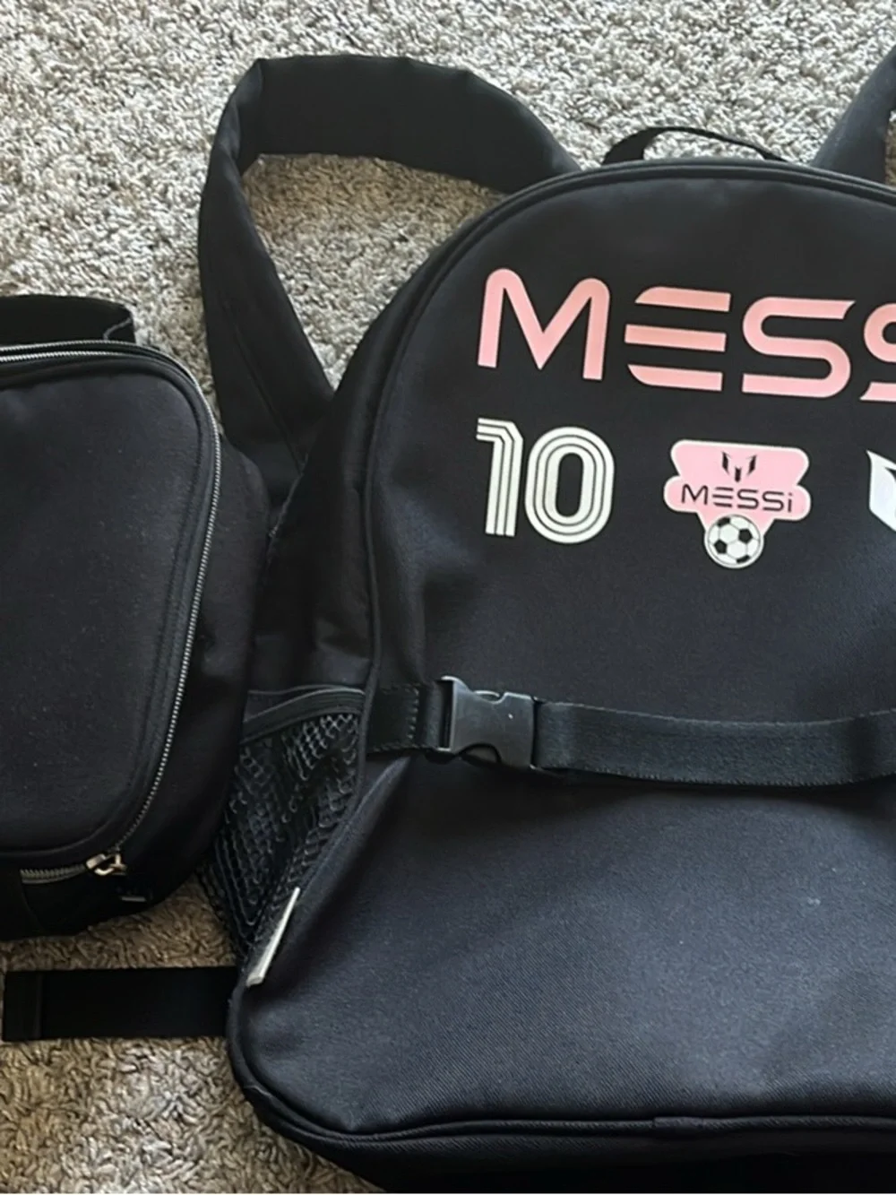Messi Kids Black Backpackb with Pink Logo and lunch box